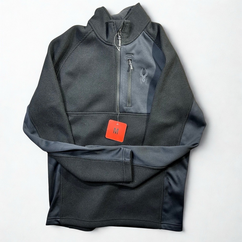 Spyder Mens 1/4 Zip Waffle Knit Pullover Jacket Black Charcoal Gray Size M